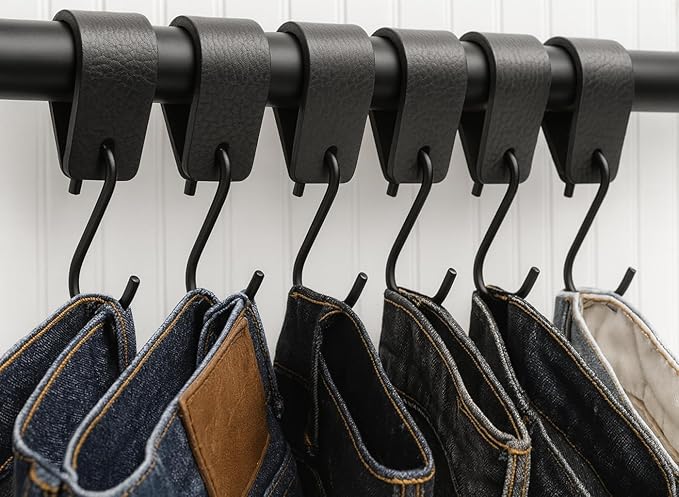 Brute Strength Multifunctional Leather S-Hooks - 24 Black S-Shaped Coat Hooks - Kitchen & Home Use