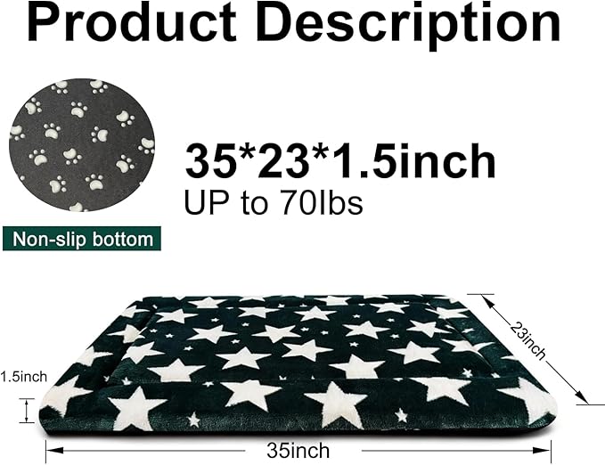 Fogkiss Dog Bed Mat, Reversible Crate Pad & Durable Dog Bed - Machine Washable Kennel Mat with Ultra Soft for Large Dogs (Big&Small Stars Green, 35" L*23" W*1.5" Th)