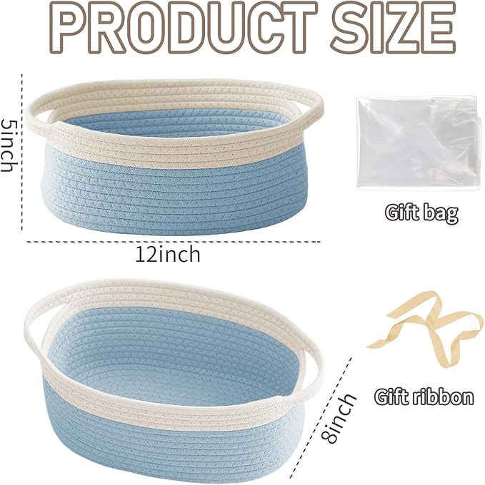 JMvicyroam Woven Basket,Small Rope Storage Bin with Handles & Ribbon Bag, Organizer for Shelves Closets,Gift Basket Empty for Birthday,Books,Dog Toys, White&Blue