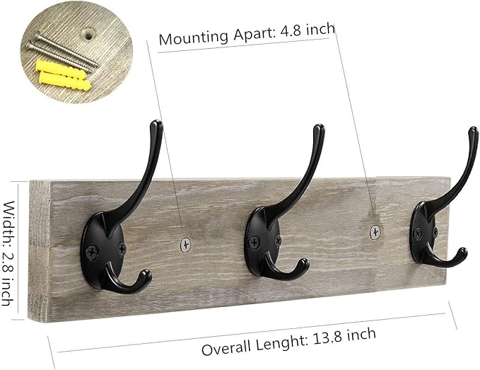 Sageme Wall Mounted Coat Rack,Wooden Entryway Vintage Rustic Coat Rack Hat Hanger Rack Zinc die-cast 3-Hook Rail for The Entryway, Bathroom, Bedroom, Kitchen, Mudroom (3 Hooks, Pinewood)