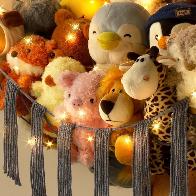 RelaxScene Stuffed Animal Storage Hammock Corner X-Large with LED Light - Baby Hammock Hanging Holder Plushies Net for Stuff Animals Organizer - Cute Room Decor Aesthetic Kids Toddler Nursery Bedroom