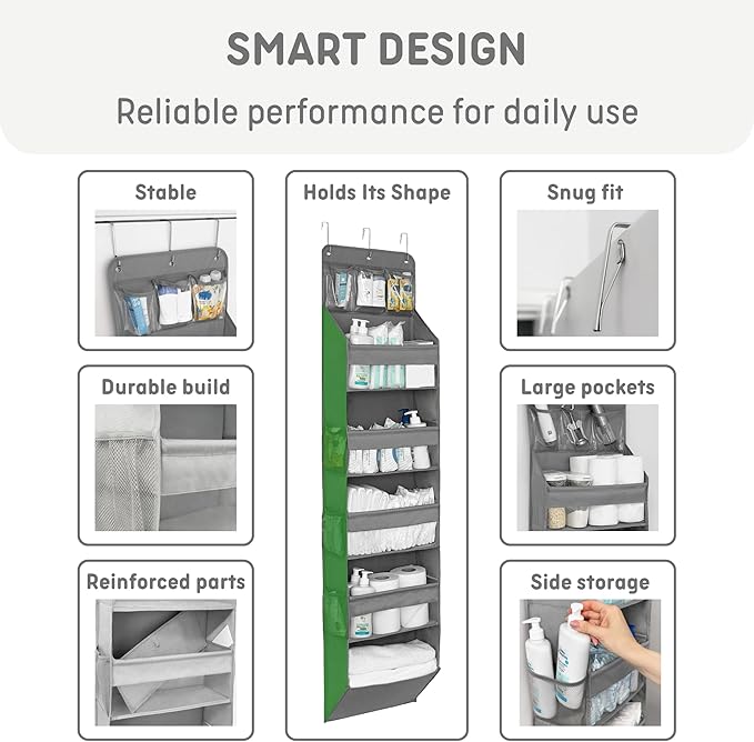 Over The Door Organizer Hanging with 5 Large & 6 Side Pockets 5 Tier Behind Door Storage 50 lbs for Closet, Nursery, Bathroom Door Organizer, 1 Pack, Grey