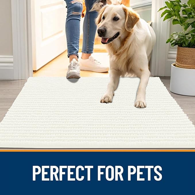 OLANLY Dog Door Mat for Muddy Paws 24x16, Ultra Absorbent Chenille Mud Doormat, Non-Slip Washable and Dirt Trapping Doormat for Indoor Entryway, Quick-Dry Indoor Pet Bed Mats for Dogs, Ivory