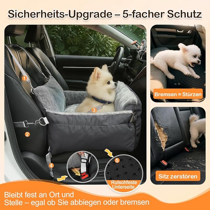 Dog Car Seat for Small Dogs with Extension Zone, Portable Washable Travel Bed for Pets up to 30 lbs, Booster Seat for Front Seat & Camping, Includes Harness Clip – Grey