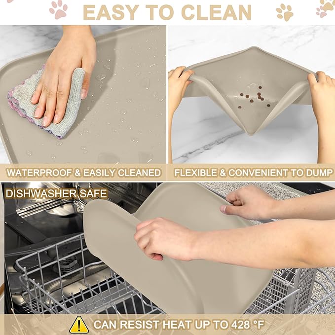 SMILOOL Silicone Pet Feeding Mat with Raised Edge for Food and Water, Dog Bowl Mats, Cat Bowls Placemat with High Lip for Floor Waterproof, Rubber Tray for Cats and Dogs 19 x 12 x 0.7 Beige