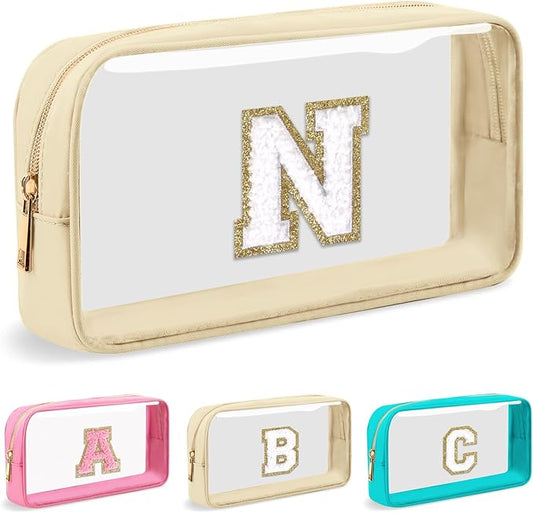 Personalized Initial Letter Clear Makeup Bag,Preppy Small Nylon&PVC Cosmetic Zipper Bag with Chenille Letter,Portable Beach Travel Skincare Toiletry Bag,Trendy Monogram Gift for Teen Girls Women,N