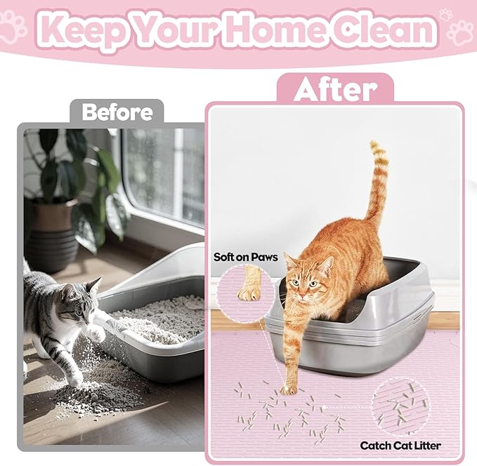 Bartuke Cat Litter Mat, Extra Large 40" x 28" Silicone Mat Litter Trapping Mat for Scatter Control, Soft on Kitty Paws, Easy to Clean (Pink)
