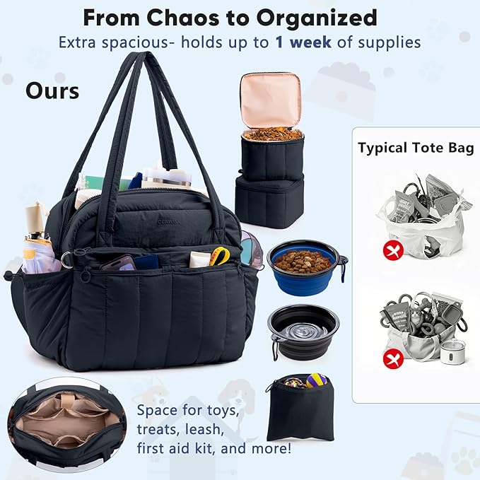 Dog Travel Bag for Supplies, Airline Approved Pet Travel Organizer with 2 Food Containers & Collapsible Bowls, Large Capacity Dogs Tote Bag for Weekend, Stylish Dog Mom Gift for Pet Lovers