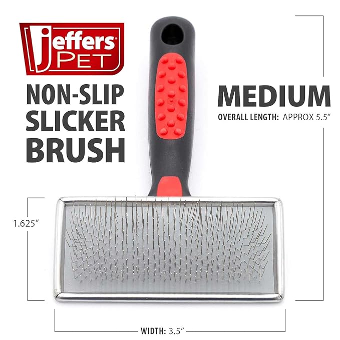 Jeffers Non Slip Slicker Pet Grooming Brush – Soft Pins, Red & Black Handle – Detangling Grooming Tool for Dogs & Cats with Short, Long, Thick & Curly Coats – Easy Grip Pet Comb - Medium Size