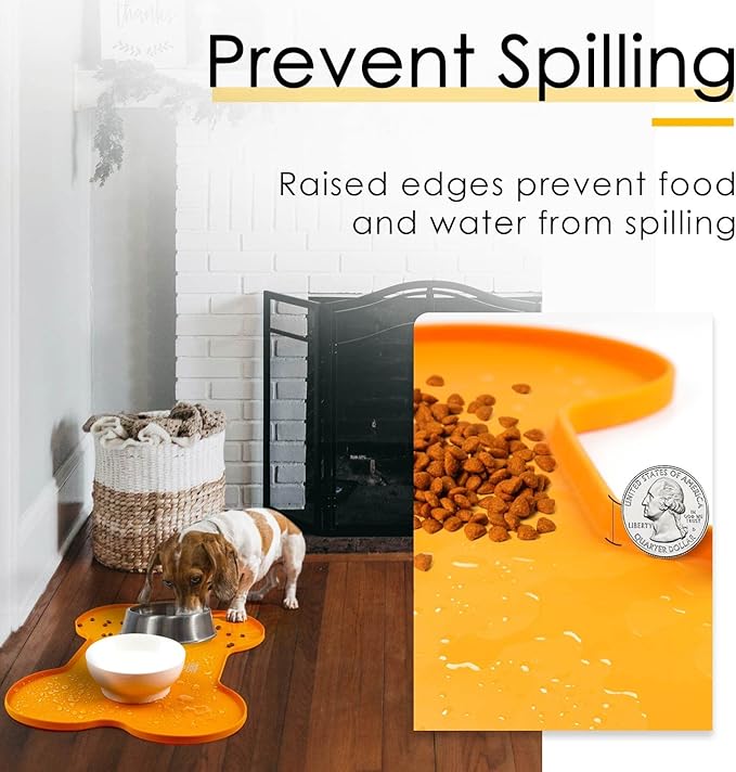 Super Design Dog Food Mat Dog Bowl Mat for Food and Water Silicone Non Spill Cat Feeding Mat Puppy Placemat Waterproof - 20.5" x 14.5", Orange