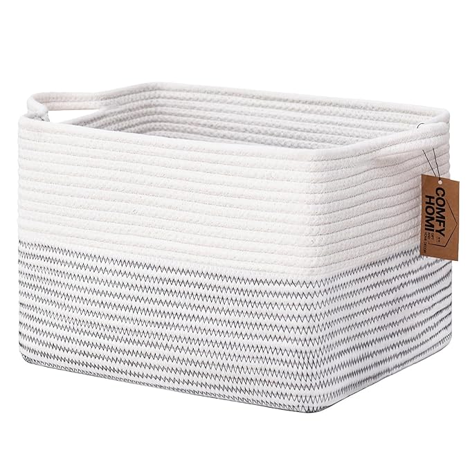 COMFY-HOMI Cotton Rope Woven Basket with Handles for Shelves,Toys,Book, Cloth Storage Baskets Bin for Organizing-13.5"x11"x9.5" Toy Decorative Organizer for Living Room, Bathroom-White/Black Line