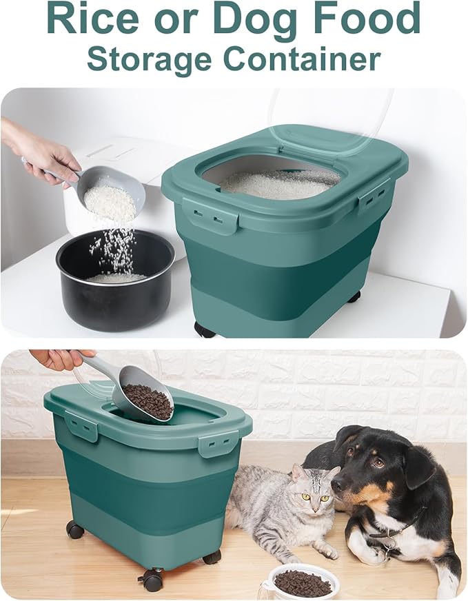 DDMOMMY 20-30 Lbs Rice Storage Container,Collapsible Food Storage Containers with Rolling Wheel Airtight Locking Lid,Flour Storage Container with Cup and Scoop,Suitable for Food,Rice,Pet Food,Flour