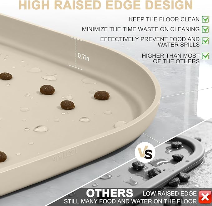 SMILOOL Silicone Pet Feeding Mat with Raised Edge for Food and Water, Dog Bowl Mats, Cat Bowls Placemat with High Lip for Floor Waterproof, Rubber Tray for Cats and Dogs 19 x 12 x 0.7 Beige