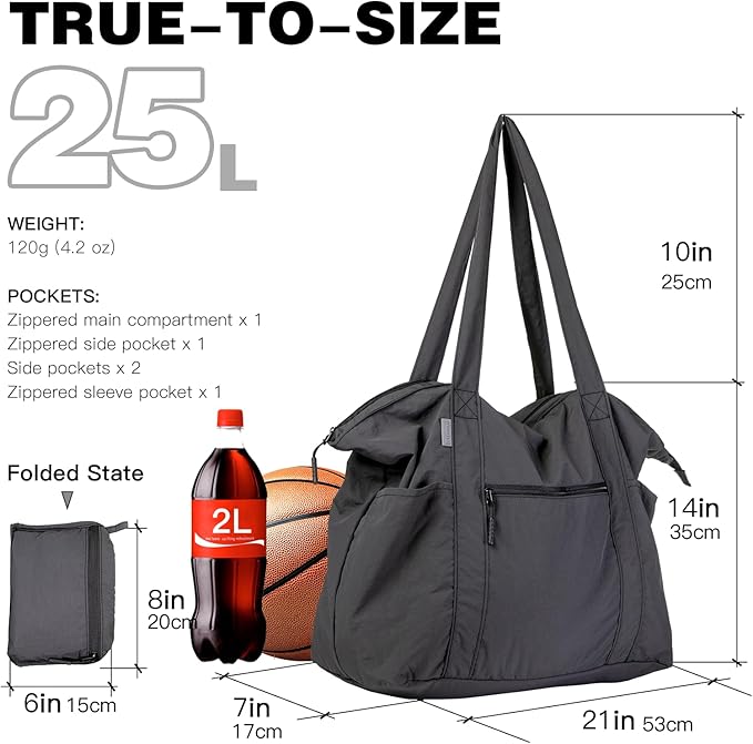Ultra Light Packable Tote Bag Nylon for Travel, Lightweight Polyester Foldable Totes with Zipper, 25L Collapsible Compact Dark Grey, Gifts for Christmas