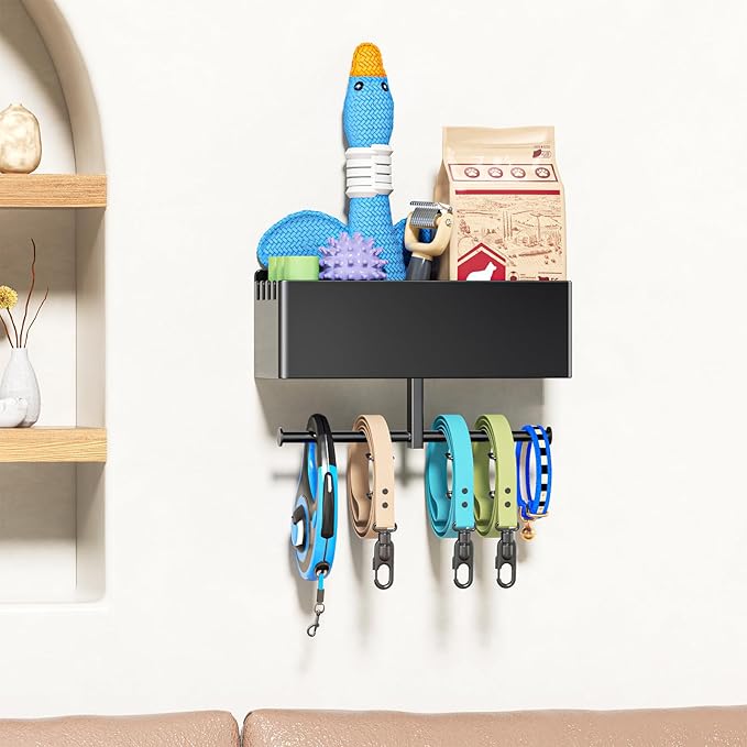 Dog Leash Holder for Wall, Dog Leash Hooks, Pet Stuff Organizer with Shelf Storage, Metal Key Holder, Leash Hangers Organizer Rack for Pet Collar, Toys, Treats, Poop Bag (Black)