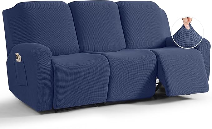 TAOCOCO Recliner Sofa Covers 8-Pieces Stretch Large Couch Covers for 3 Seats Reclining Slipcovers Soft Jacquard Pattern Furniture Protector (Navy Blue)