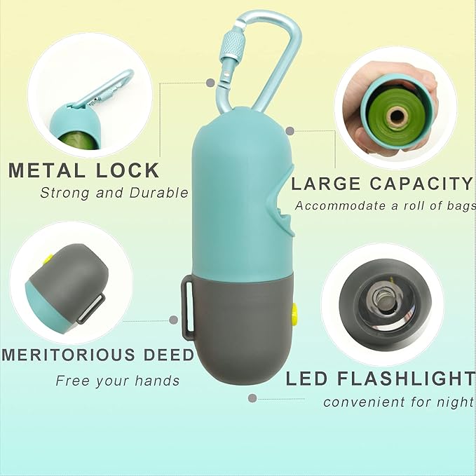 Morn Light 2 Pack Poop Bag Holder with Flashlight Waste Bag Dispenser for Leash with Clip and Battery Poop Bag Dispenser with Green Scented Poop Bags for Dog Walking(Blue,2 Dispenser 60 Bags)