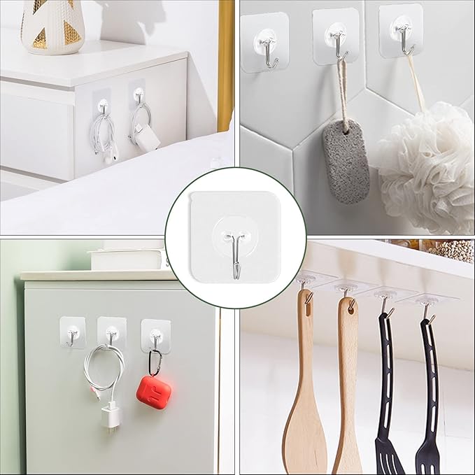 AROIC 58 Packs Adhesive Hooks for Hanging, Hook Heavy Duty Self Adhesive Wall Hooks 20 lbs / 9 kg (Max), Removable, Waterproof Hook for Bedroom Kitchen Bathroom