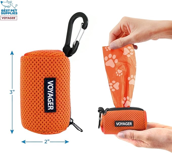 Best Pet Supplies Dog Poop Bag Holder Leash Attachment with 15 Bags, Orange, Reusable Mesh Dispenser Pouch for Travel, Walking, Park, and Outdoor Use, Soft and Durable with Clip-On