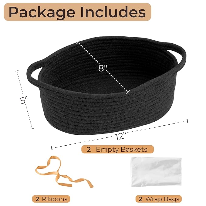 Small Woven Gift Basket Empty with Bag & Ribbon - Gifts for Mom, Baby Shower, Birthdays & Raffle - Cotton Rope Storage Basket for Dog Toys or Shelf - 12"x8"x5", Black, 2 Packs