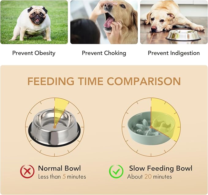 Ceramic 1.2 Cup Dog Raised Slow Feeder Set, Elevated Bowl with Wooden Stand for Medium and Small Dog, 7.3inch Slow Feeder Dish for Fast Easters(Light Green, Single Bowl+ Stand)