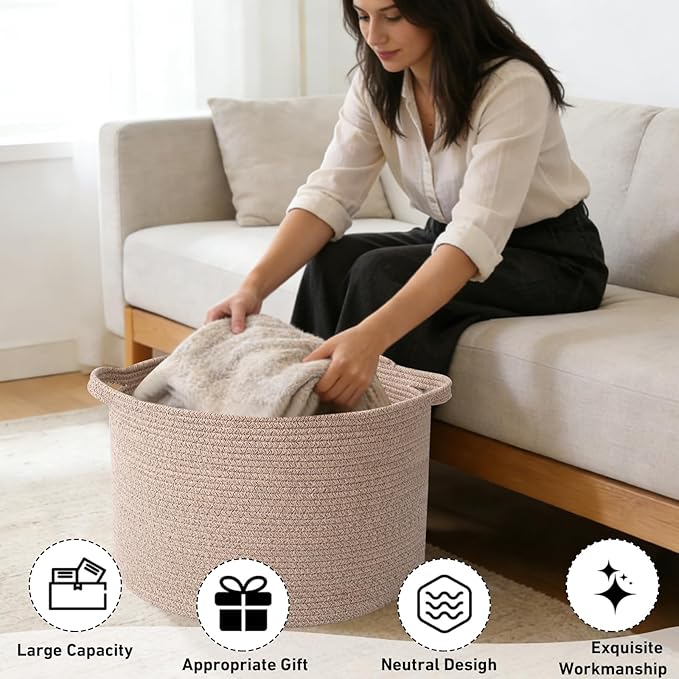 65L Extra Large Woven Cotton Rope Blanket Basket with Handles, Laundry Hamper Storage Bin for Pillows, Comforters,Clothes, Toys, Nursery, Bedroom and Living Room Organization,Brown