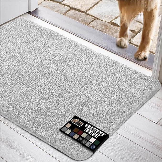 GORILLA GRIP SOAKSTOPPER Dog Door Mat, Machine Washable Rug Absorbent Doormat Captures Moisture Mud Dirt, Quick Dry Soft Chenille Entryway Rugs Indoor Entrance Mats for Dog Paws, 24x17 Light Gray
