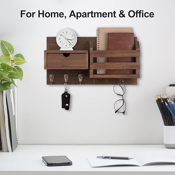 Wall Mount Key Holder with Mail Organizer, 100% Paulownia Wood, 7 Metal Hooks, Storage Drawer, Entryway Home Decor (Brown)