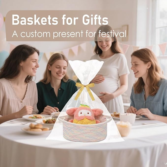 JMvicyroam Woven Basket,Small Rope Storage Bin with Handles & Ribbon Bag, Organizer for Shelves Closets,Gift Basket Empty for Birthday,Books,Dog Toys, Colorful/2 Pack
