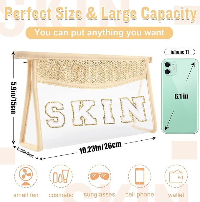 Clear Makeup Letter Patch Makeup Bag SKIN Pouch, Boho Clear Toiletry Bags Travel Small Cute Stadium Chenille Letter Cosmetic Zipper Pouch Purse, Women Transparent Waterproof Makeup Organizer Bag(SKIN)