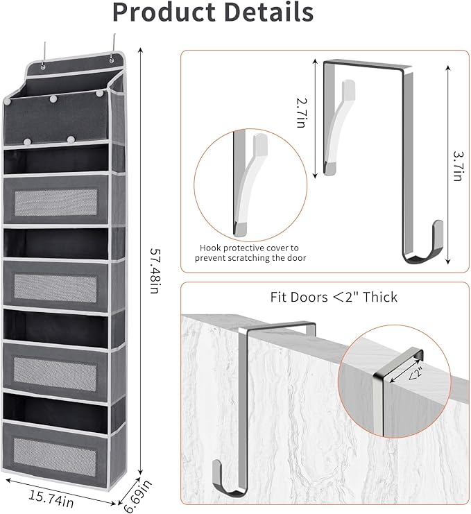 5-Tier Over the Door Storage Organizer with 5 Side Mesh Pockets, 40lbs Large Load Capacity with 2 Hooks Design, Door Hanging Organizer with Clear Windows for Closet Bathroom Bedroom Nursery - Grey