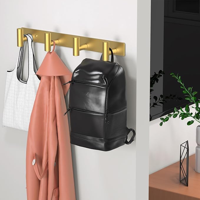 VINHOLD Wall Mounted Coat Rack-4 Hooks, Heavy Duty Stainless Steel Wall Hooks for Towel Coat Bag, Hat Rack Coat Hanger Coat Hooks Towel Racks for Bathroom Entryway Kitchen Hotel Office (Gold, 1 Pack)