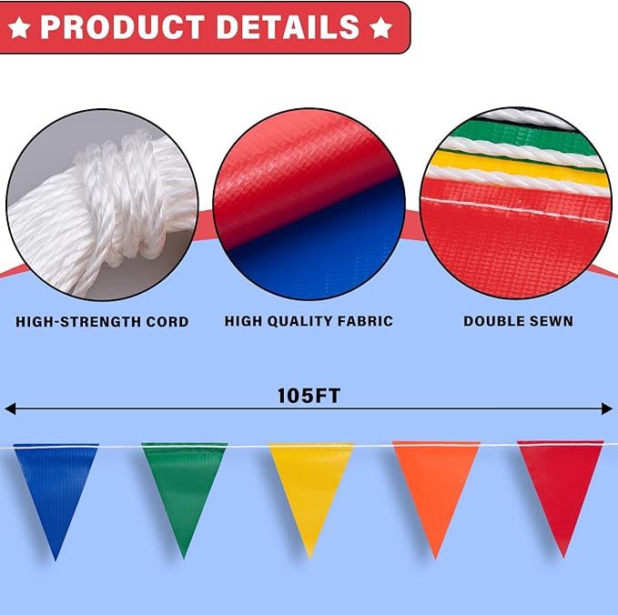 105ft Pennant Banner Flags, 7x10 Multicolor 45 Pcs High Visibility Safety Flagging on String, Triangle Pool Flags for Backstroke, Construction Events Party Decoration Parking Marking Outside