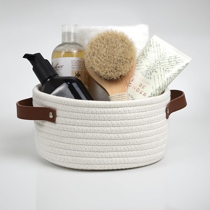 Small Woven Basket, Cute Mini Cotton Rope Storage Basket with leather handle, Tiny Decorative Round Storage Bin, Boho Empty Gift Baskets for Organizing, Toy Organizer for Nursery (Narrow handle)