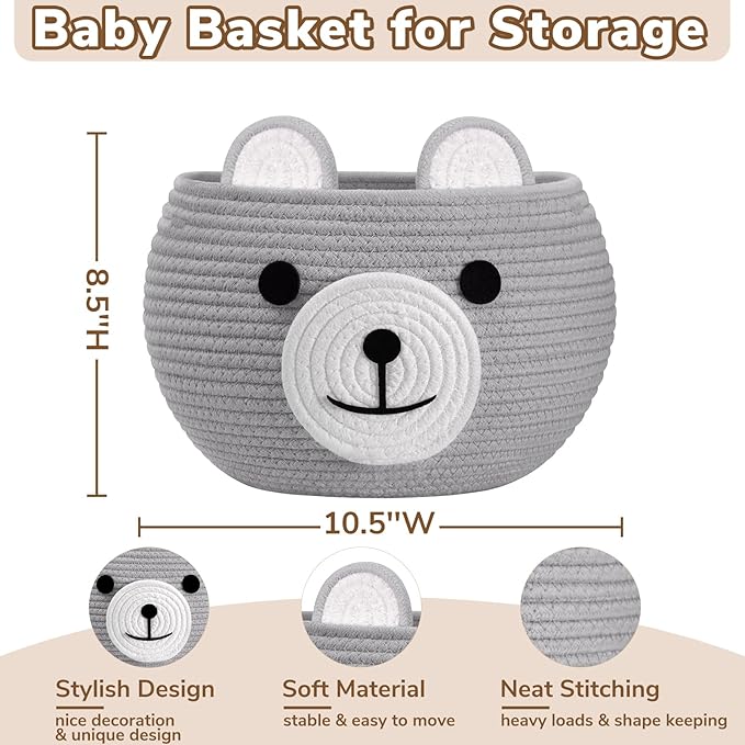 CherryNow Baby Basket for Nursery, Bear Gift Baskets Empey for Kids, Diaper Caddy Baby Shower Basket, Cute Animal Baskets for Toy Storage, Light Grey, 10.5"D x 8.5"H