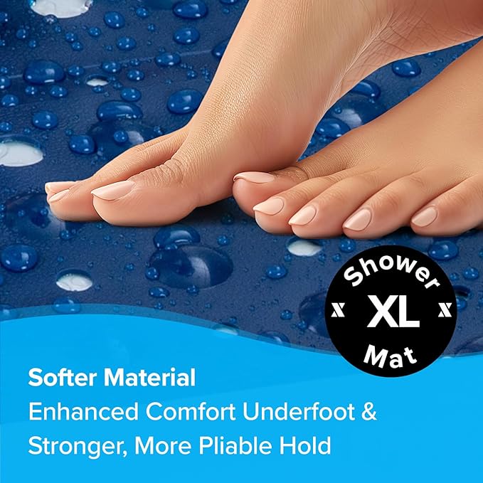 SlipX Solutions 27" Oversize Square Shower Mat, Non-Slip Mat for Elderly & Kids, 100+ Power Grip Suction Cups for Smooth Surfaces, Machine Washable, Solid Navy Blue