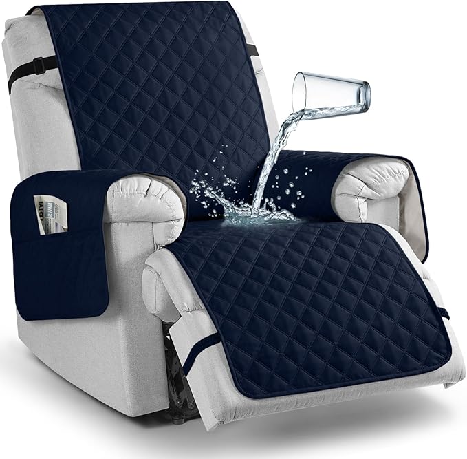 TAOCOCO 100% Waterproof Recliner Chair Cover Non-Slip Reclining Cover for Recliner Chair Washable Chair Seat Cover with Elastic Straps for Pets Sofa Slipcover with Pocket (Oversized 28'', Dark Blue)