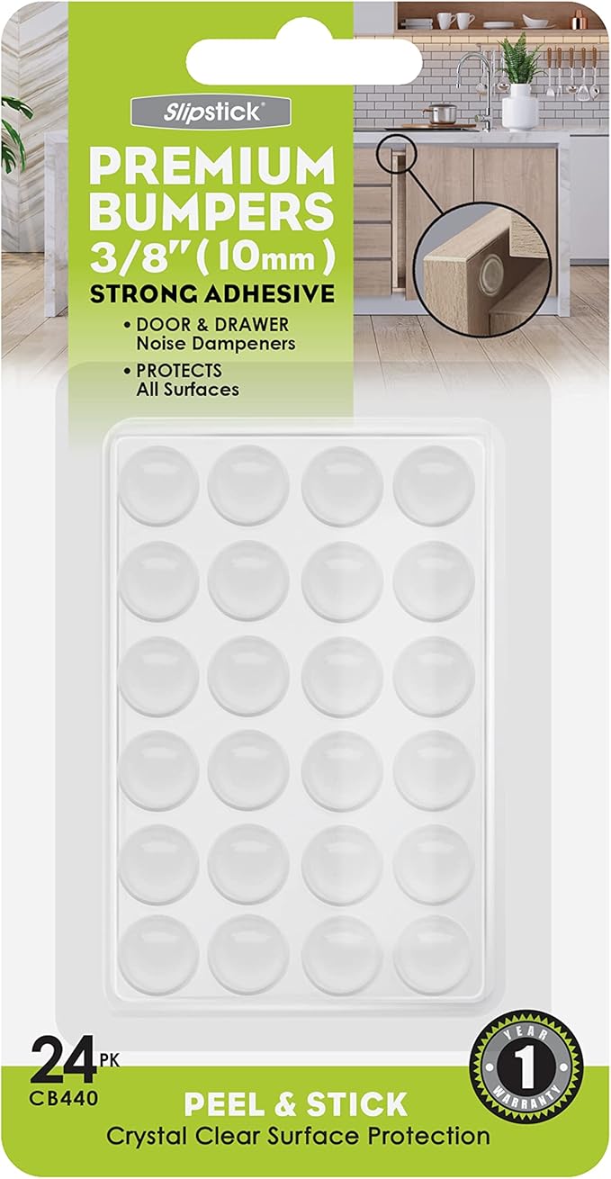 Slipstick Premium Cabinet Door Bumpers 3/8” Round Clear Adhesive Pads, Cabinet Stoppers, Rubber Bumpers for Drawers, Cupboards, Cutting Boards, Glass Tops, Picture Frames, Furniture, 24 Dampers