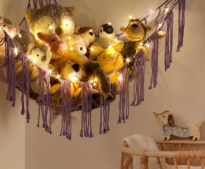 RelaxScene Stuffed Animal Hammock Corner with LED Light - Toy Storage Hammock Plushie Net Organizer - Teddy Bear Stuffy Hammock - Purple Nursery Decor Baby Kids Bedroom Nursery Furniture