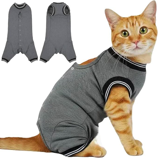 T'CHAQUE Cat Surgery Recovery Suit for Female Male, Cat Onesie Pet Surgical Pajamas Hind Legs Long Sleeve, Abdominal Wound Skin Diseases, E-Collar Alternative, Spay/Neuter Recovery Suit, Gray-S