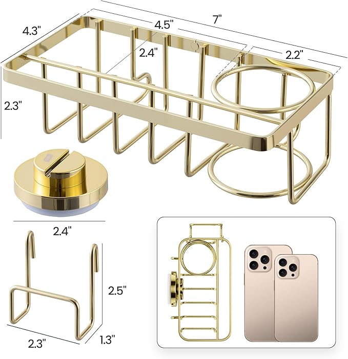 TAILI 4-in-1 Sponge Holder for Kitchen Sink with Strong Suction Cup Removable, Rustproof Aluminum Sink Caddy for Sponge, Brush, Scrubber, Scraper -Gold