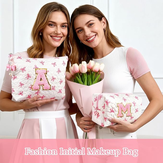 Initial Makeup Bag, Christmas Gifts for Women Teens Girls Birthday Gift Personalized Bow Cosmetic Bag, Quilted Cosmetic Travel Toiletry Pouch, Cute Makeup Organizer Teen Girl Gifts Trendy Stuff, M