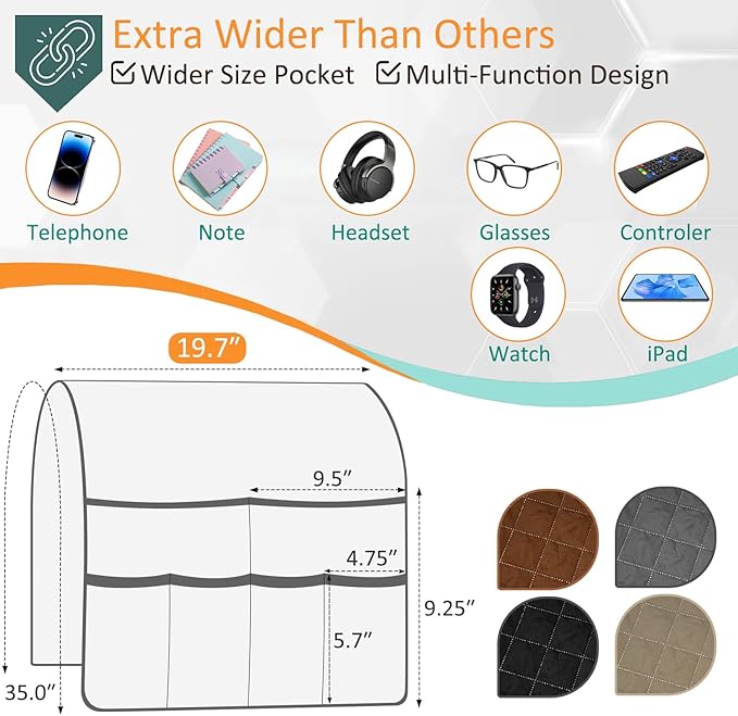 Remote Control Holder for Recliner Non-Slip Armchair Caddy Couch Armrest Organizer, Arm Chair Bedside Caddy Storage Organizer for Recliner Couch With 6 Pockets for Magazine, Phone, iPad (Brown)