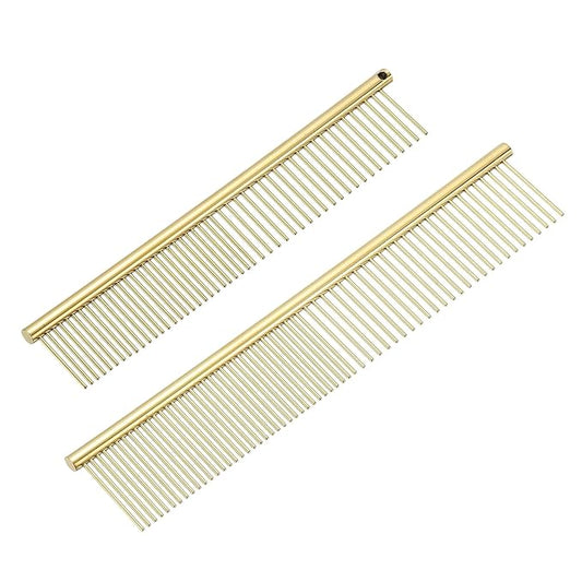 PETAXCELL Dog Cat Comb, Pet Combs Stainless Steel Teeth with Rounded Ends for Knots Mats Loose Hair Removal, 6.5/7.5IN (Gold Plated, 2 Pack), Grooming Tool Intended for Long Curly Hair Pet
