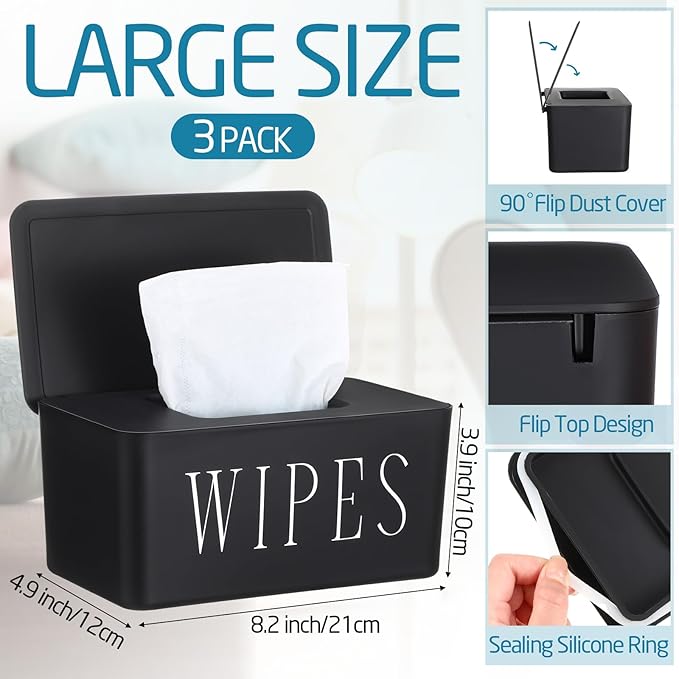 Singhoow 3 Pack Baby Wipes Dispenser Holder Wipe Container for Bathroom with Lid Toilet Tissue Paper Storage Refillable Box for Home Office Cars(Large,Black)