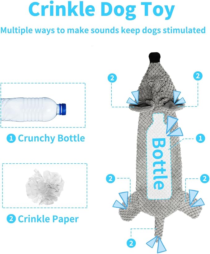 KrauzPet Dog Toys, Squeaky Plush No Stuffing Crinkle Dog Toy for Small Medium Large Dogs, Interactive Puppy Teething Water Bottle Dog Chew Toy