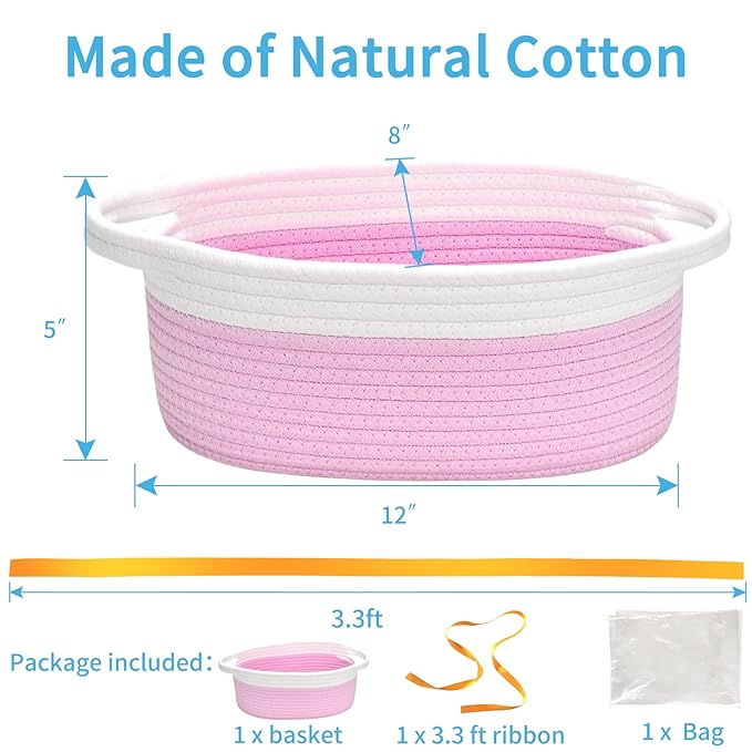 ABenkle Small Basket with Gift Bags and Ribbons, Empty Gift Baskets for Mother's Day, Decorative Boho Rope Woven Nursery Storage Organizer Toy Baskets with Handle for Baby Showers, 12"X 8" X 5"