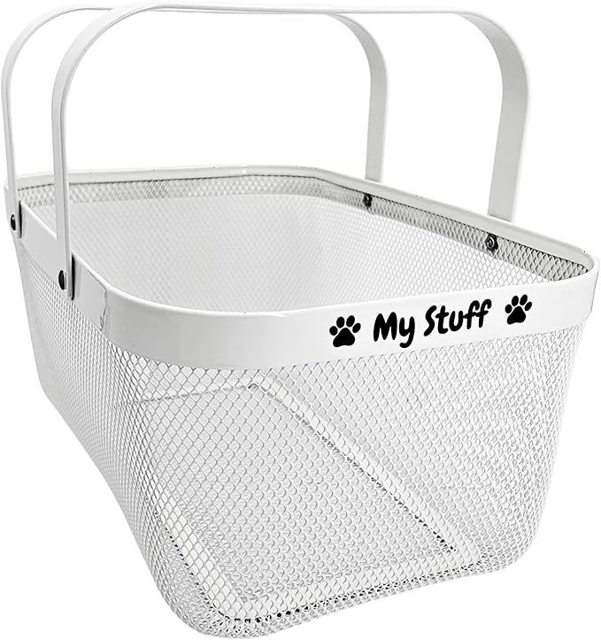 Dog Toy Basket Metal Mesh Metal, Chew Proof, 16 (L) x 9.5 (W) x 7 (H) inches White Dog Toy Bin, Sturdy Pet Toy Basket