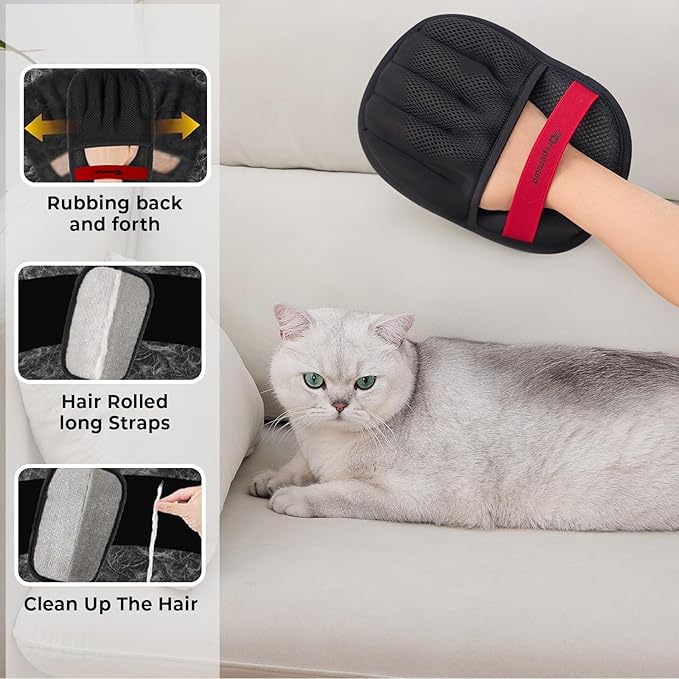 Upgraded Pet Hair Removal Gloves for Cats & Dogs, Five-Finger Electrostatic Reusable Magic Brush for Effortless Pet Hair Remover Tool on Carpet, Clothing, Laundry, Couch, Car Seat (2PCs Black)