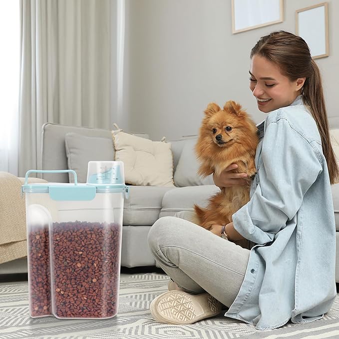 LEAWALK 5-7LBS Dog Cat Storage Container Portable with Upgraded Large Spout and Cup, Plastic Pet Food Dispenser for Small Animal Kibble, Bird Seed, Oatmeal, Rice, Flour, Brown Sugart-2 Pack Sky Blue